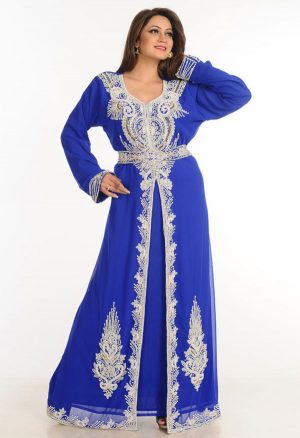 Blue Zari Work Stones & Beads Embellish Georgette Islamic Style Arabian Maxi Partywear Kaftan