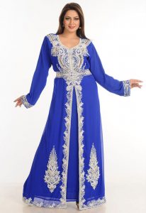 Blue Zari Work Stones & Beads Embellish Georgette Islamic Style Arabian Maxi Partywear Kaftan