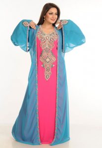 Multicolor Zari Work Stones & Beads Embellish Georgette Islamic Style Arabian Maxi Partywear Kaftan