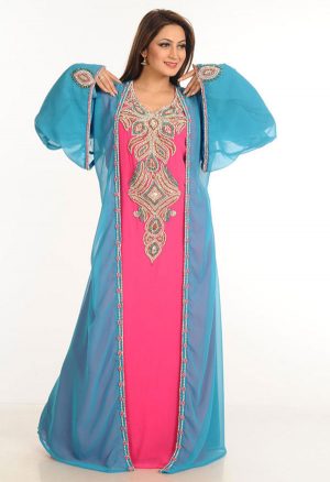 Multicolor Zari Work Stones & Beads Embellish Georgette Islamic Style Arabian Maxi Partywear Kaftan