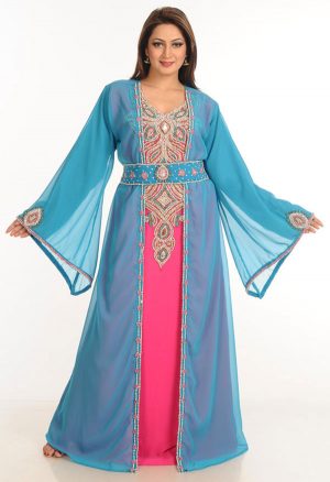 Multicolor Zari Work Stones & Beads Embellish Georgette Islamic Style Arabian Maxi Partywear Kaftan