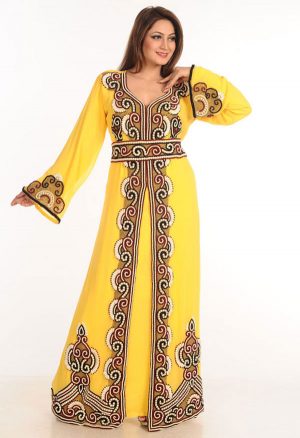 Yellow Zari Work Stones & Beads Embellish Georgette Islamic Style Arabian Maxi Partywear Kaftan