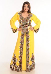 Yellow Zari Work Stones & Beads Embellish Georgette Islamic Style Arabian Maxi Partywear Kaftan