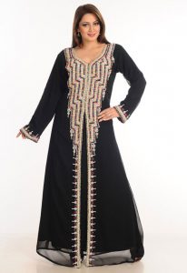 Black Zari Work Stones & Beads Embellish Georgette Islamic Style Arabian Maxi Partywear Kaftan