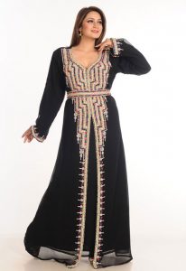 Black Zari Work Stones & Beads Embellish Georgette Islamic Style Arabian Maxi Partywear Kaftan