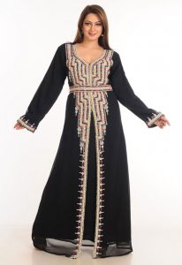 Black Zari Work Stones & Beads Embellish Georgette Islamic Style Arabian Maxi Partywear Kaftan