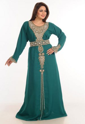 Teal Zari Work Stones & Beads Embellish Georgette Islamic Style Arabian Maxi Partywear Kaftan