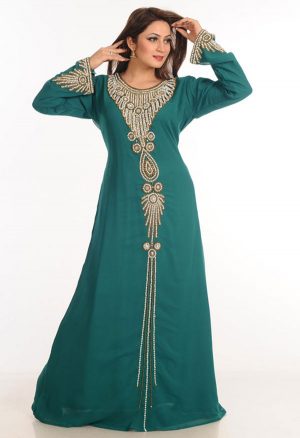 Teal Zari Work Stones & Beads Embellish Georgette Islamic Style Arabian Maxi Partywear Kaftan