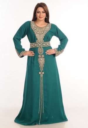 Teal Zari Work Stones & Beads Embellish Georgette Islamic Style Arabian Maxi Partywear Kaftan