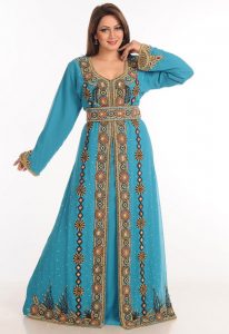 Teal Zari Work Stones & Beads Embellish Georgette Islamic Style Arabian Maxi Partywear Kaftan