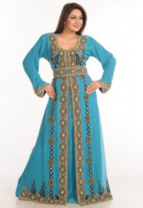 Teal Zari Work Stones & Beads Embellish Georgette Islamic Style Arabian Maxi Partywear Kaftan