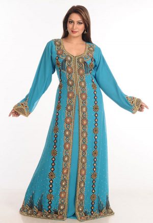 Teal Zari Work Stones & Beads Embellish Georgette Islamic Style Arabian Maxi Partywear Kaftan