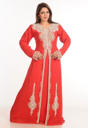 Red Zari Work Stones & Beads Embellish Georgette Islamic Style Arabian Maxi Partywear Kaftan