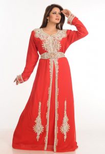 Red Zari Work Stones & Beads Embellish Georgette Islamic Style Arabian Maxi Partywear Kaftan