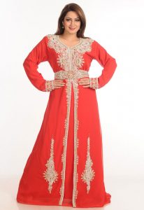 Red Zari Work Stones & Beads Embellish Georgette Islamic Style Arabian Maxi Partywear Kaftan