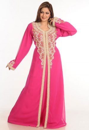 Pink Zari Work Stones & Beads Embellish Georgette Islamic Style Arabian Maxi Partywear Kaftan