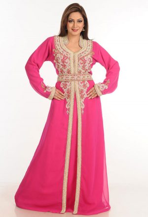 Pink Zari Work Stones & Beads Embellish Georgette Islamic Style Arabian Maxi Partywear Kaftan