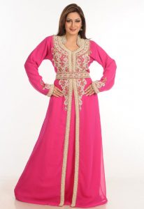 Pink Zari Work Stones & Beads Embellish Georgette Islamic Style Arabian Maxi Partywear Kaftan