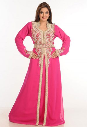 Pink Zari Work Stones & Beads Embellish Georgette Islamic Style Arabian Maxi Partywear Kaftan