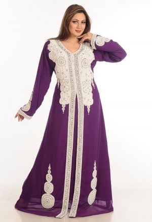 Wine Zari Work Stones & Beads Embellish Georgette Islamic Style Arabian Maxi Partywear Kaftan