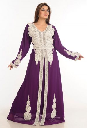 Wine Zari Work Stones & Beads Embellish Georgette Islamic Style Arabian Maxi Partywear Kaftan