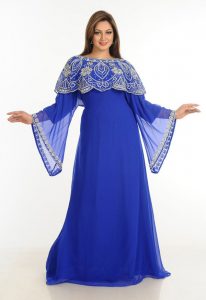 Blue Zari Work Stones & Beads Embellish Georgette Islamic Style Arabian Maxi Partywear Kaftan