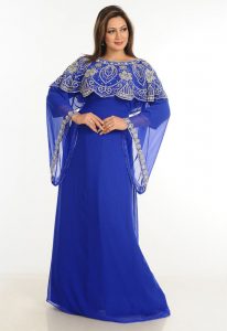Blue Zari Work Stones & Beads Embellish Georgette Islamic Style Arabian Maxi Partywear Kaftan