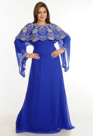 Blue Zari Work Stones & Beads Embellish Georgette Islamic Style Arabian Maxi Partywear Kaftan