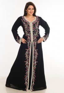 Black Zari Work Stones & Beads Embellish Georgette Islamic Style Arabian Maxi Partywear Kaftan