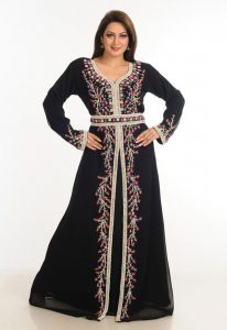 Black Zari Work Stones & Beads Embellish Georgette Islamic Style Arabian Maxi Partywear Kaftan