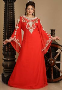 Red Zari Work Stones & Beads Embellish Georgette Islamic Style Arabian Maxi Partywear Kaftan