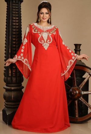 Red Zari Work Stones & Beads Embellish Georgette Islamic Style Arabian Maxi Partywear Kaftan