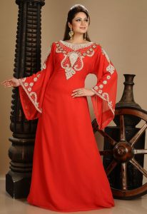 Red Zari Work Stones & Beads Embellish Georgette Islamic Style Arabian Maxi Partywear Kaftan