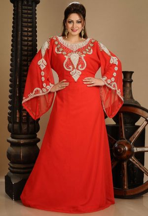 Red Zari Work Stones & Beads Embellish Georgette Islamic Style Arabian Maxi Partywear Kaftan