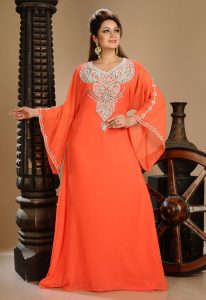 Red Zari Work Stones & Beads Embellish Georgette Islamic Style Arabian Maxi Partywear Kaftan