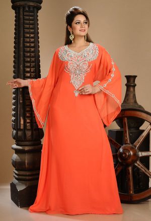 Red Zari Work Stones & Beads Embellish Georgette Islamic Style Arabian Maxi Partywear Kaftan