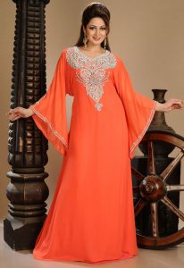 Red Zari Work Stones & Beads Embellish Georgette Islamic Style Arabian Maxi Partywear Kaftan