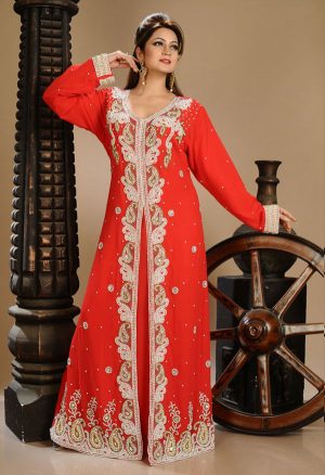 Red Zari Work Stones & Beads Embellish Georgette Islamic Style Arabian Maxi Partywear Kaftan