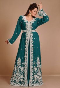 Green Zari Work Stones & Beads Embellish Georgette Islamic Style Arabian Maxi Partywear Kaftan