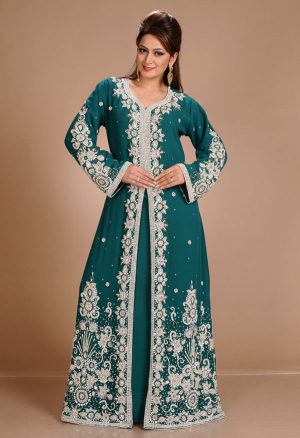 Green Zari Work Stones & Beads Embellish Georgette Islamic Style Arabian Maxi Partywear Kaftan