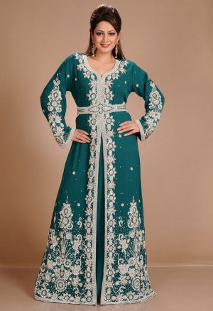 Green Zari Work Stones & Beads Embellish Georgette Islamic Style Arabian Maxi Partywear Kaftan