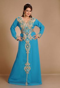 Turqoise Zari Work Stones & Beads Embellish Georgette Islamic Style Arabian Maxi Partywear Kaftan