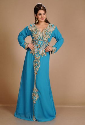 Turqoise Zari Work Stones & Beads Embellish Georgette Islamic Style Arabian Maxi Partywear Kaftan