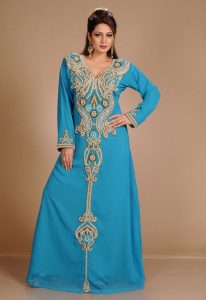 Turqoise Zari Work Stones & Beads Embellish Georgette Islamic Style Arabian Maxi Partywear Kaftan