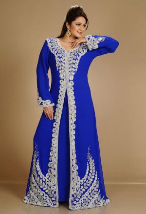 Blue Zari Work Stones & Beads Embellish Georgette Islamic Style Arabian Maxi Partywear Kaftan