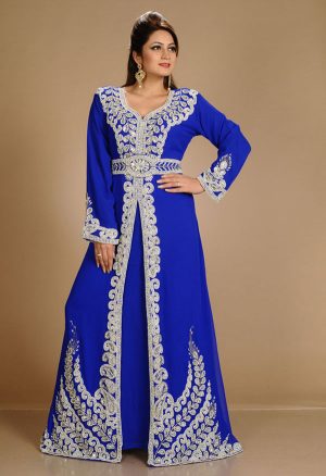 Blue Zari Work Stones & Beads Embellish Georgette Islamic Style Arabian Maxi Partywear Kaftan