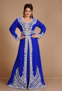 Blue Zari Work Stones & Beads Embellish Georgette Islamic Style Arabian Maxi Partywear Kaftan