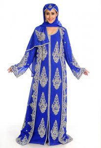 Blue Zari Work Stones & Beads Embellish Georgette Islamic Style Arabian Maxi Partywear Kaftan