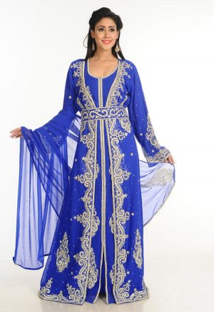 Blue Zari Work Stones & Beads Embellish Georgette Islamic Style Arabian Maxi Partywear Kaftan