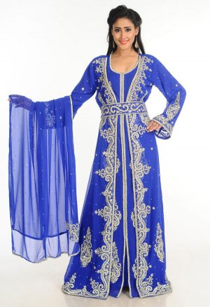 Blue Zari Work Stones & Beads Embellish Georgette Islamic Style Arabian Maxi Partywear Kaftan